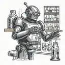 Design a robot bartender mixing cocktails in a space-themed jazz bar tattoo design idea