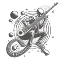A futuristic alien saxophonist floating in zero gravity with planets as musical notes tattoo design idea