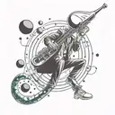A futuristic alien saxophonist floating in zero gravity with planets as musical notes tattoo design idea