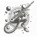 A futuristic alien saxophonist floating in zero gravity with planets as musical notes tattoo design idea