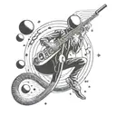 A futuristic alien saxophonist floating in zero gravity with planets as musical notes tattoo design idea