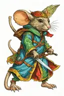 Mouse warrior dresses in a green robe wielding a fiery sword and a blue shield.  tattoo design idea