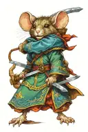 Mouse warrior dresses in a green robe wielding a fiery sword and a blue shield.  tattoo design idea