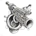 A trumpet morphing into an alien spaceship in a jazz-inspired design tattoo design idea