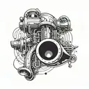 A trumpet morphing into an alien spaceship in a jazz-inspired design tattoo design idea