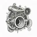 A trumpet morphing into an alien spaceship in a jazz-inspired design tattoo design idea