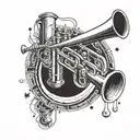 A trumpet morphing into an alien spaceship in a jazz-inspired design tattoo design idea