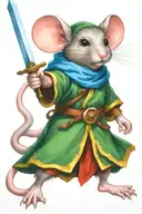 Mouse warrior dresses in a green robe wielding a fiery sword and a blue shield.  tattoo design idea
