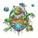 A mystical scene of an astronaut frog encountering a group of extraterrestrial creatures in a colorful and vibrant alien landscape tattoo design idea
