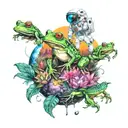 A mystical scene of an astronaut frog encountering a group of extraterrestrial creatures in a colorful and vibrant alien landscape tattoo design idea