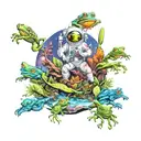 A mystical scene of an astronaut frog encountering a group of extraterrestrial creatures in a colorful and vibrant alien landscape tattoo design idea