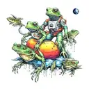 A mystical scene of an astronaut frog encountering a group of extraterrestrial creatures in a colorful and vibrant alien landscape tattoo design idea