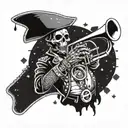 A jazz-themed tattoo featuring a pirate alien playing a trumpet under a starry sky tattoo design idea