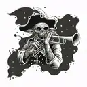 A jazz-themed tattoo featuring a pirate alien playing a trumpet under a starry sky tattoo design idea