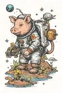 An small astronaut pig exploring an alien planet landscape with a brown mud lake and small glowing flora tattoo design idea