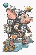 An small astronaut pig exploring an alien planet landscape with a brown mud lake and small glowing flora tattoo design idea