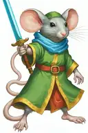 Mouse warrior dresses in a green robe wielding a fiery sword and a blue shield.  tattoo design idea