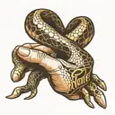 A hand with a snake slithering through the fingers, forming the shape of the words 'Trust no one' tattoo design idea
