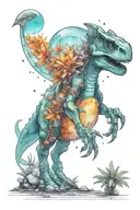 A small astronaut Dino exploring an alien planet landscape with towering crystal formations and small glowing flora tattoo design idea