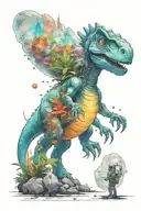 A small astronaut Dino exploring an alien planet landscape with towering crystal formations and small glowing flora tattoo design idea
