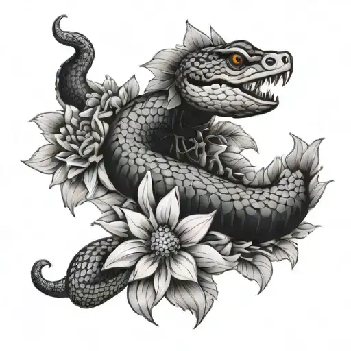  black and white snake wrapped around shoulder and bicep with chrysanthemum  tattoo design idea