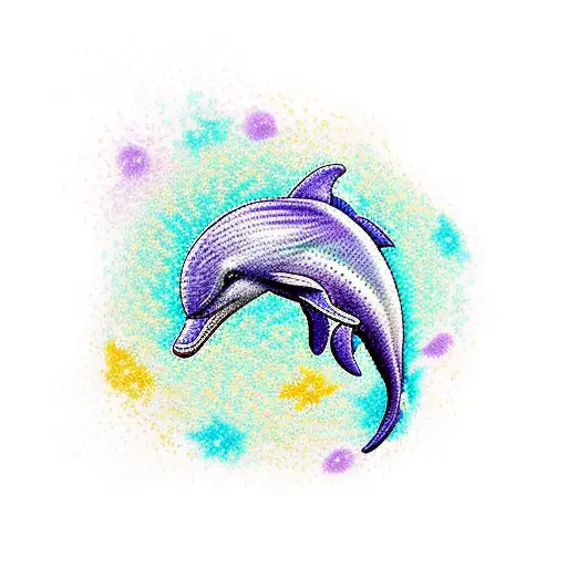 Crocheted dolphin jumping through a purple and green hoop tattoo design idea