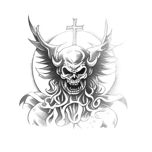 Saint Michael with the devil half sleeve, shoulder to elbow. Saint Michel has an angry face while killing the devil  tattoo design idea