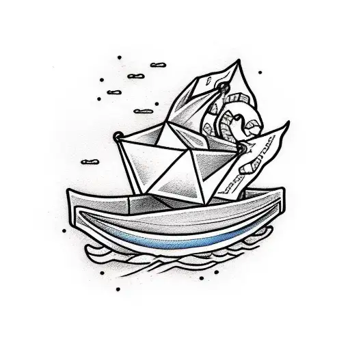 paper boat over some waves with a rope and anchor tattoo design idea