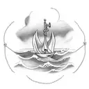 paper boat over some waves with a rope and anchor tattoo design idea