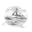 paper boat over some waves with a rope and anchor tattoo design idea