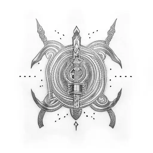 A dotwork tattoo featuring Jormungandr encircling Mjölnir, Thor's mighty hammer, representing the constant struggle between the serpent and the thunder god tattoo design idea