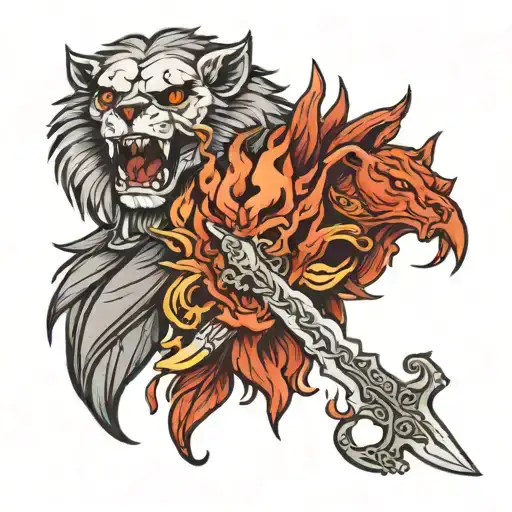 dry skull knife blood and lion and phoenix tattoo design idea