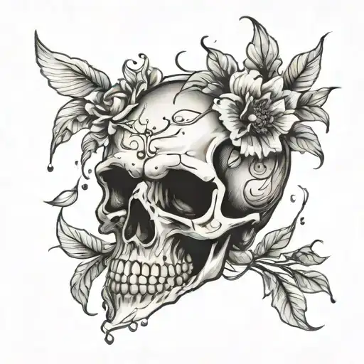 A skull with petals falling from its eye sockets like tears tattoo design idea