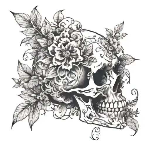 A skull made of delicate flowers intertwined with vines tattoo design idea