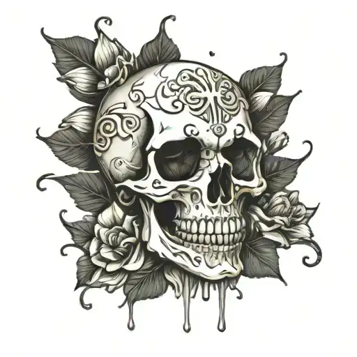 A skull with petals falling from its eye sockets like tears tattoo design idea