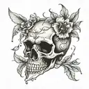 A skull with petals falling from its eye sockets like tears tattoo design idea