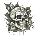 A skull with petals falling from its eye sockets like tears tattoo design idea