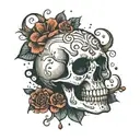 A skull with petals falling from its eye sockets like tears tattoo design idea