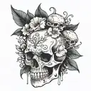 A skull with petals falling from its eye sockets like tears tattoo design idea