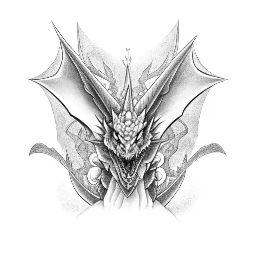 A black-grey tattoo design featuring a dragon in a unique animated style tattoo design idea