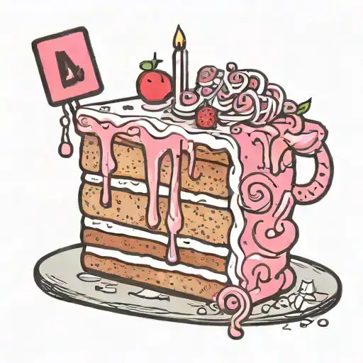 cartoon slice of  cake with DWS initials   tattoo design idea