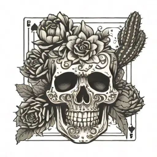 skull flowers western cactus playing cards tattoo design idea