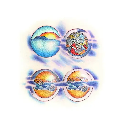 7 identical spheres, each containing a different day of the biblical 7 days of creation  tattoo design idea