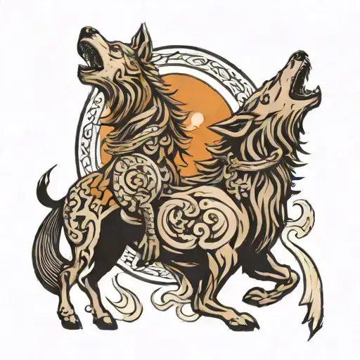 horse and wolf howling tattoo design idea