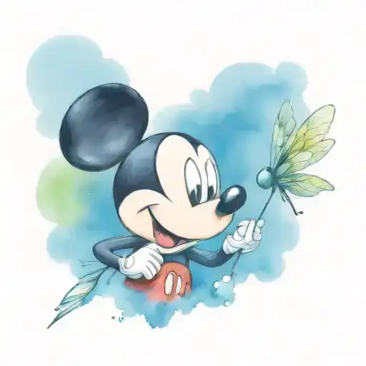 mickey mouse with a dragonfly flying tattoo design idea