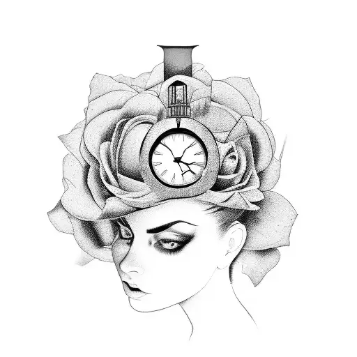 broken clock with a blindfolded women behind tattoo design idea