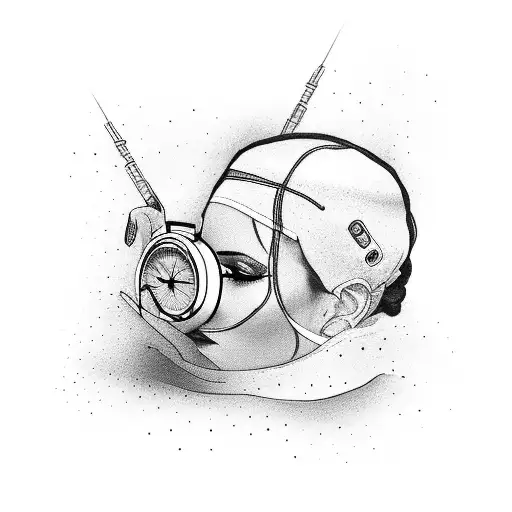 broken clock with a blindfolded women behind tattoo design idea