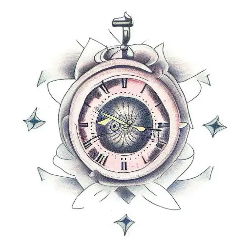broken clock with a blindfolded women behind tattoo design idea