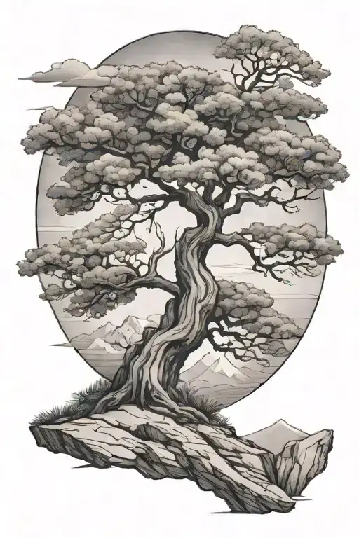 oak tree on a cliff with mountains in the background  tattoo design idea