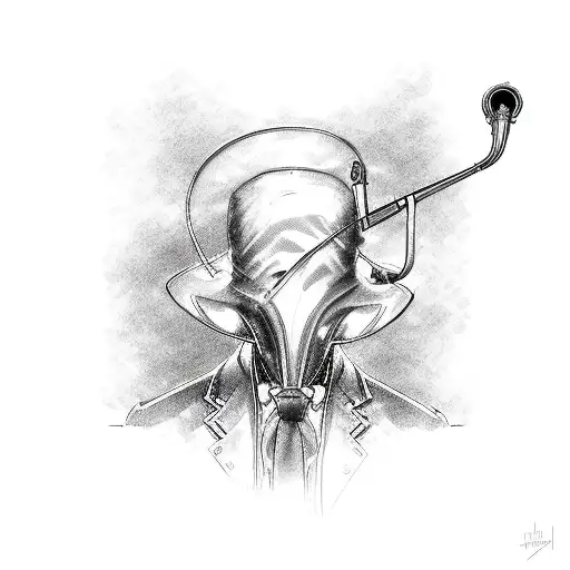 blind phoneix with trumpet coming out of his mount tattoo design idea